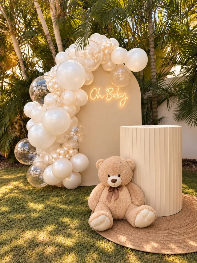 Rincón de celebración con un fondo blanco, globos crema y osito